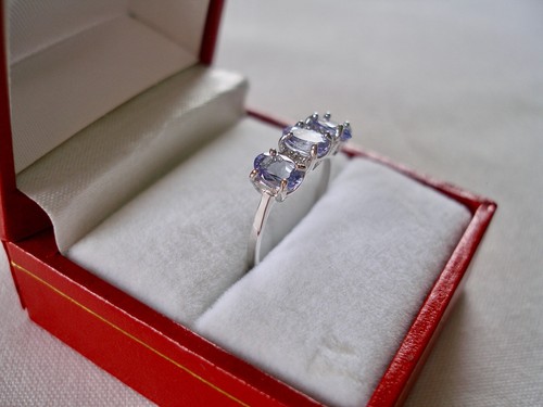 1.29 Ct. Tanzanite 'Three Stone' & Diamond Accents 10K White Gold Ring - Picture 3 of 10