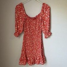 Urban Outfitters Dress Forum Red Floral Pattern Smocked Dress Size Small