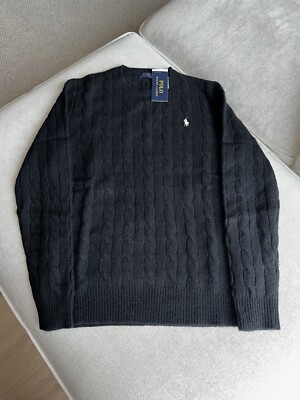 Polo Ralph Lauren schwarz Wolle Kaschmir Zopfmuster Rundhalsausschnitt Pullover S Small Damen