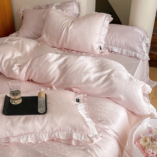 Juego de cama rosa suave sedoso princesa jacquard volantes funda nórdica juego sábanas Foto 4 de 4