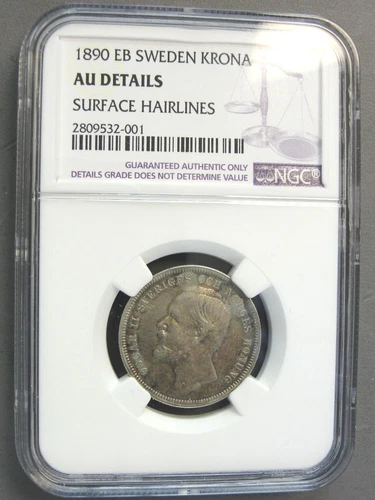 1890 EB SWEDEN KRONA GRADED AU DETAILS by NGC KEY DATE!