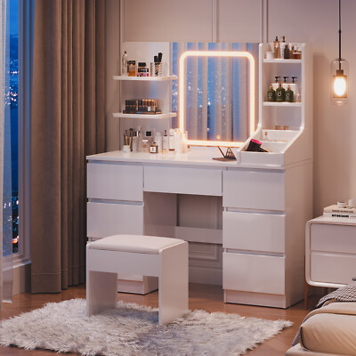 modern white high gloss dressing table Povison Modern White Retractable Large Vanity Desk Set with LED Mirror, Corner Makeup Vanity Dressing Table for Bedroom, Assembled Shipment
