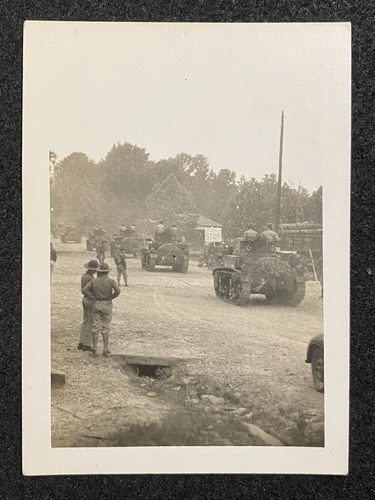 WW2 US Army Tank Convoy At War Military Armored Vehicles Antique Snapshot Photo