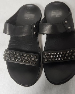 FitFlop Studded Slip-On Comfort Wedge Sandals Black Leather Women's 7 648-001