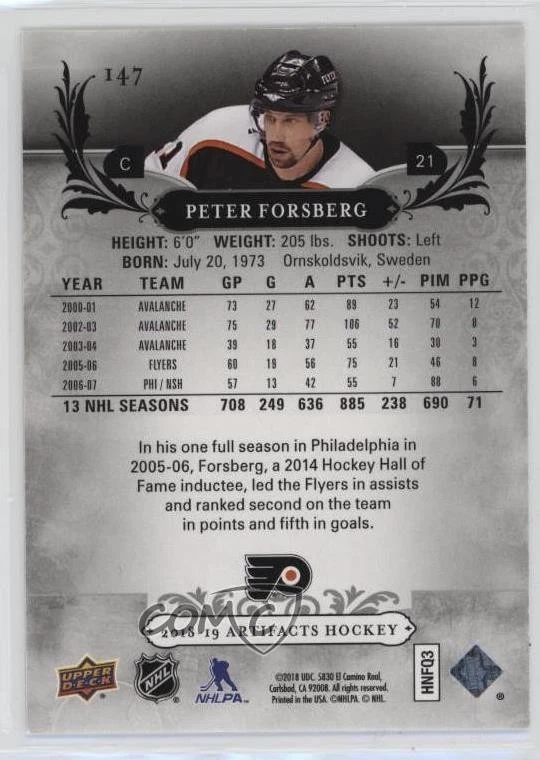 2018-19 Upper Deck Artifacts Legends /599 Peter Forsberg #147 HOF - Image 2 of 2