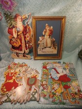 Vintage Santa Cut Out In Ornate Gilt Framed W/ 3 Cardboard Christmas Cutouts