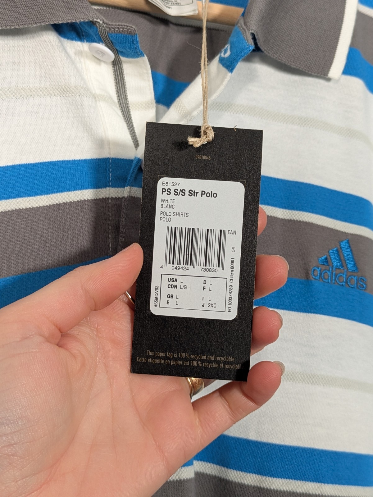 Adidas Large Blue White Striped Short Sleeve Cotton Polo Shirt thumbnail 7