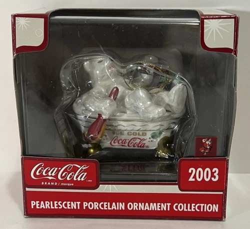 COCA-COLA 2003 Pearlescent Porcelain Coke Drinking Polar Bear Ornament Vintage