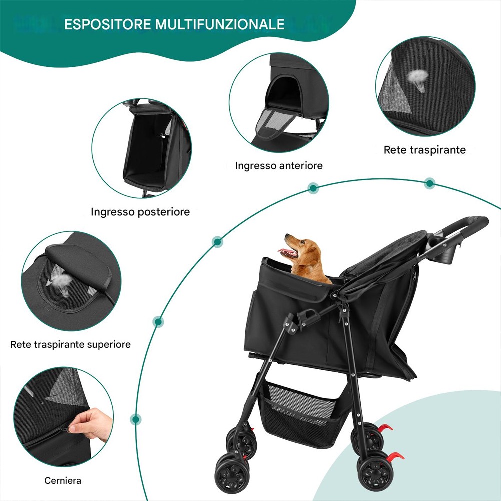 Passeggino Pieghevole per Cani e Gatti Taglia Media-Grande fino a 30kg Nero foto 2