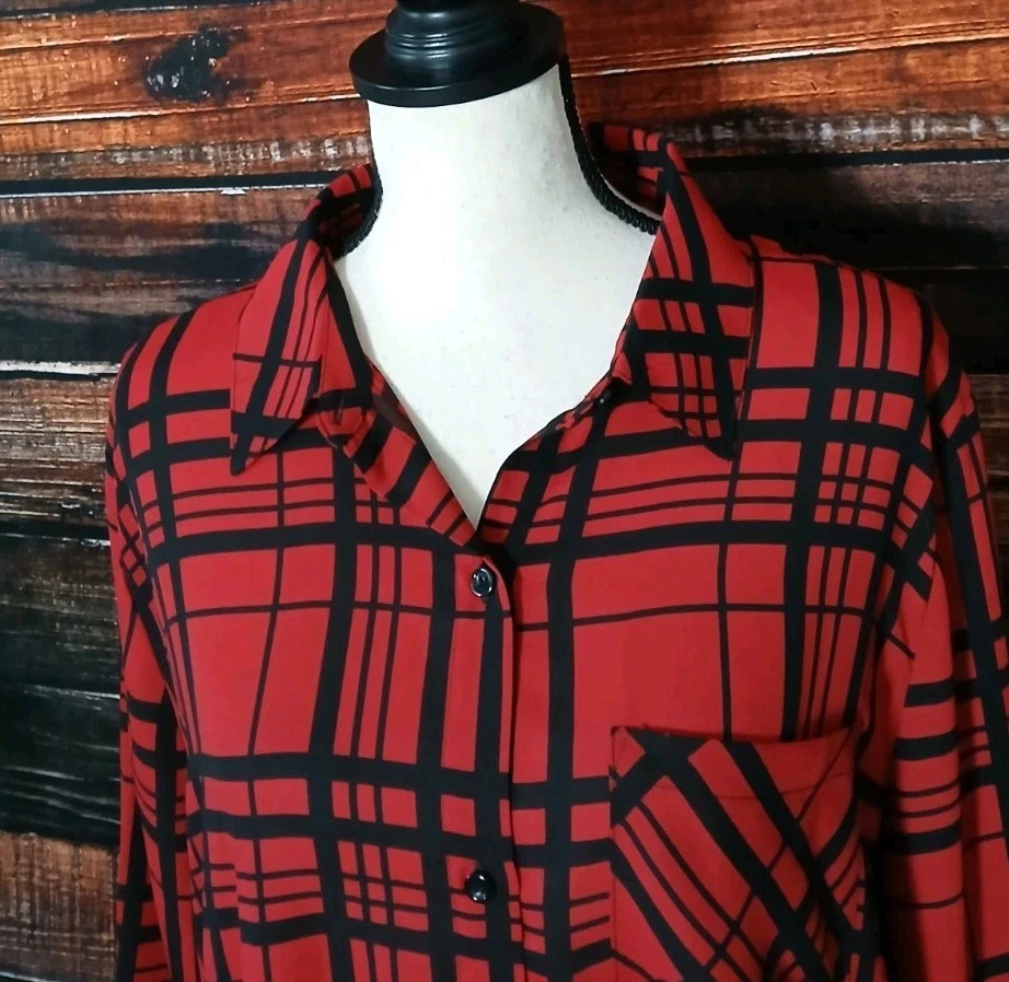 Blusa Top Susan Graver Talla Grande 18W Roja Negra Cuadros Botón Frontal  Foto 4 de 4