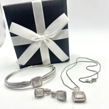 BR SUN CUT PAVE DIAMOND SILVER PLATED BRACELET EARRINGS NECKLACE SET NEW BOXED