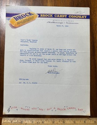 Vtg 1950 graphic letterhead Brock Candy Co Chattanooga TN Brock Candy Bar color