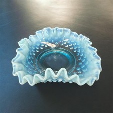 Vintage Blue Opalescent Hobnail Ruffled Glass Bowl Candy Dish