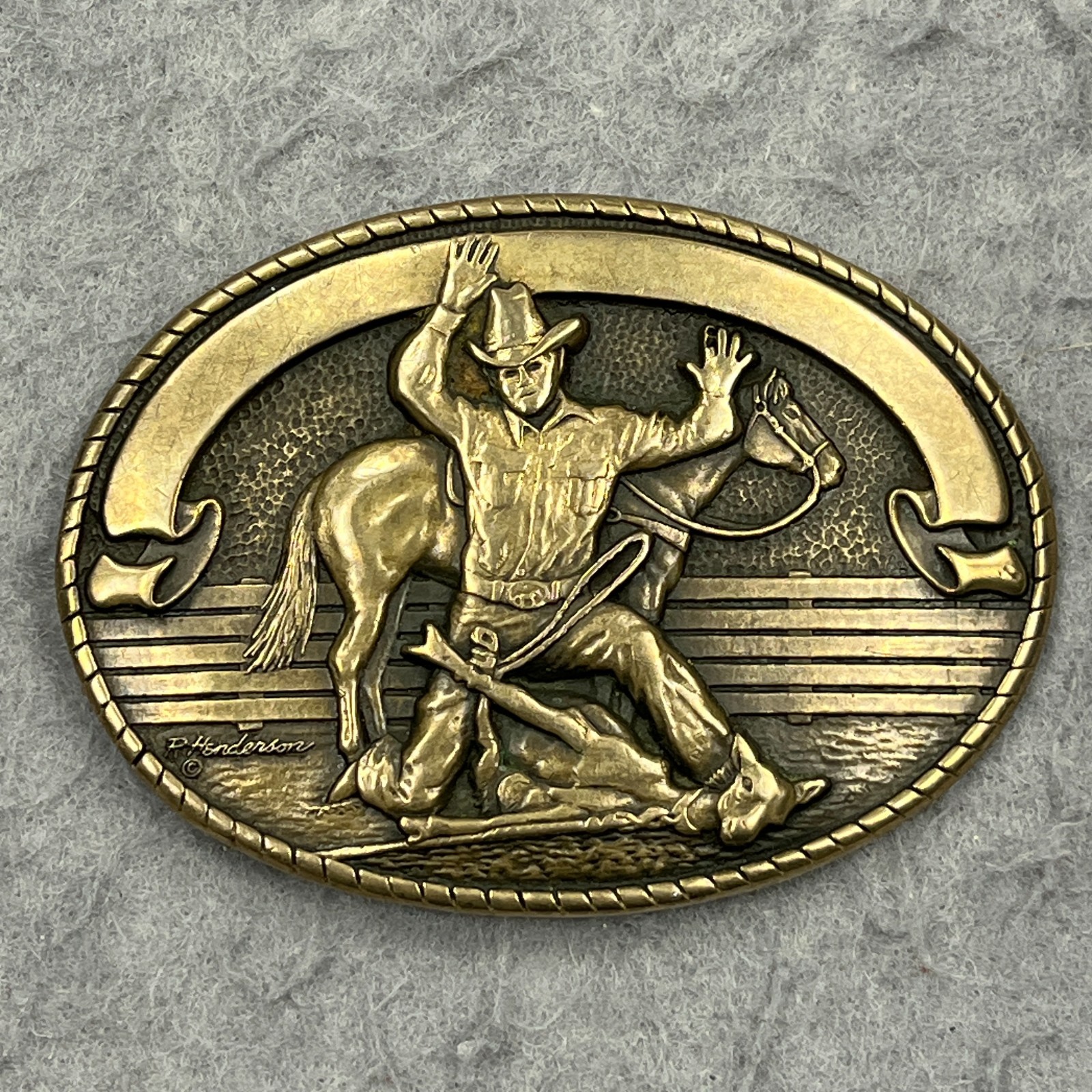 VTG Exclusive Tony Lama Solid Brass Belt Buckle Cowboy Roping Horse R. Handerson