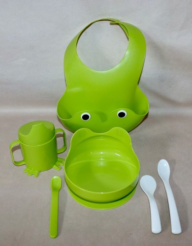 Green Frog Bib, Bowl, Mug & Spoon Ikea Mata 4 Piece Set ~ Börja Baby Spoons NEW - Picture 6 of 22