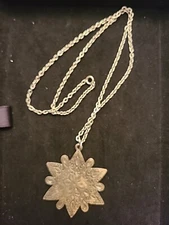 FLOWER PENDANT Pewter on Adjustable Chain Floral Petals Swirls Detail Ornate NEW