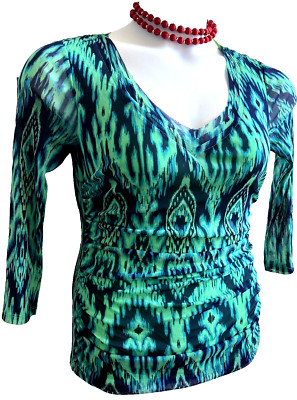 NEW INC INTERNATIONAL CONCEPT Green/Blue Abstract Top Blouse Shirt S Lined NWT