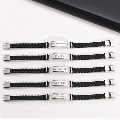 Personalized Mens Leather Bracelet Engraved Gift for Him Son Daddy Husband 