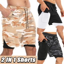 US Men's 2 in 1 Compression Gym Workout Training Liner Phone Pocket Shorts Pants
