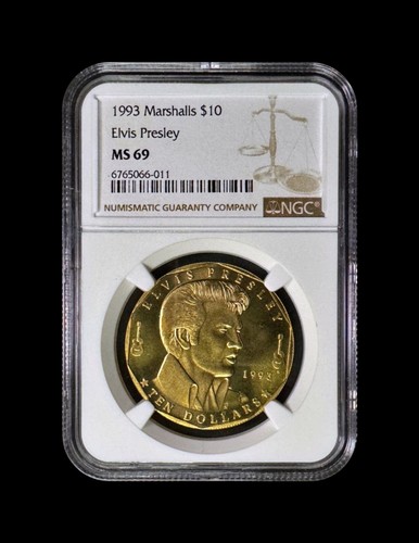 MARSHALL ISLANDS. 1993, 10 Dollars - NGC MS69 - Top Pop 🥇 Elvis Presley, Brass - Picture 2 of 5