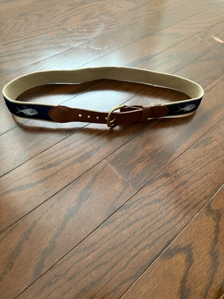Leather Man LTD Canvas Saltwater Fish Belt Tan/Blue Mens 32 EXC USA Brass - Image 3 of 4