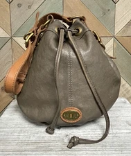 FOSSIL Vtg Reissue Maddox Gray Leather Shoulder Drawstring Bucket Bag