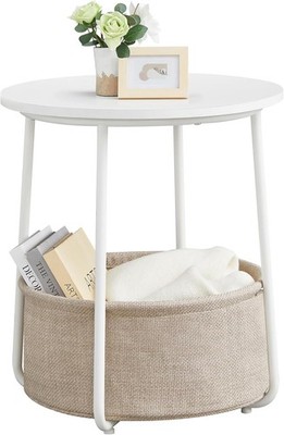 LILEA Collection Small Round Side End Table Modern Nightstand W/ Fabric Basket