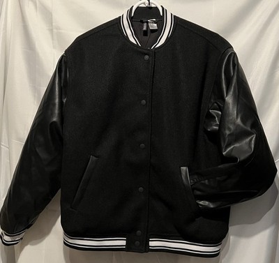 H&M Divided Jacket Mens Large Black White Satin Varsity Bomber Snap Front