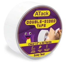 ATack Clear Double-Sided Tape, Easy Tear by Hand, 2 Inches x 30 Yards, Wall S...