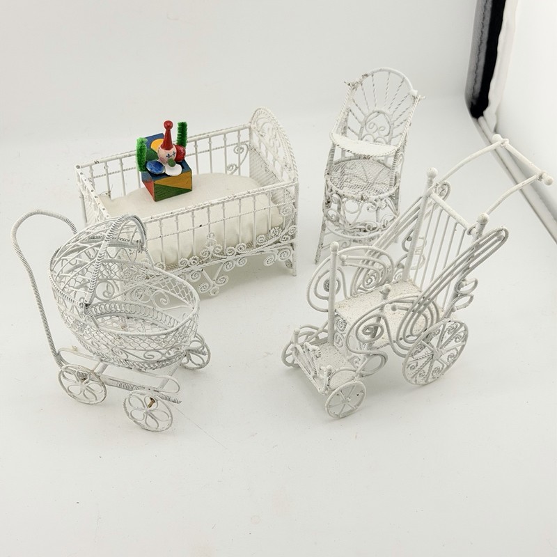 Vintage White Wrapped Wire Wicker Doll Furniture Nursery Set Crib Pram Chair