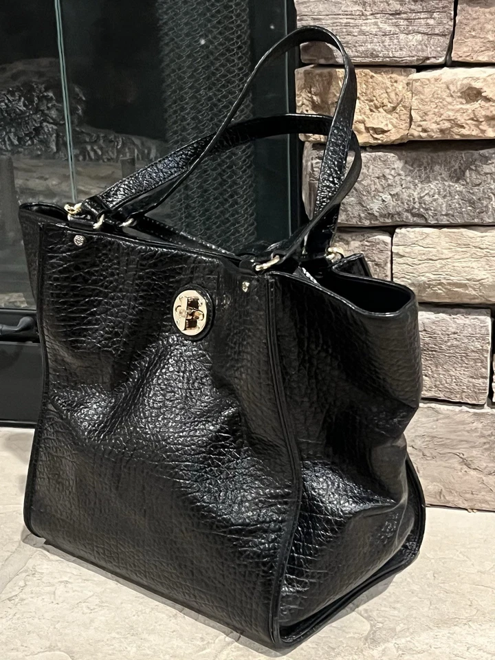 Bolso de Mano de Hombro de Cuero Negro DKNY Guijarro/Cocodrilo Repujado Cierre Giratorio Cartera Foto 2 de 4
