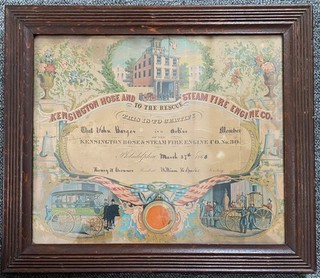 Raro 1860 KENSINGTON HOSE & FIRE ENGINE CO CERTIFICATO MEMBRO PHILADELPHIA