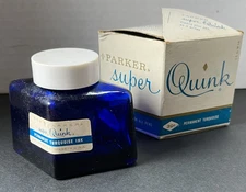 Vtg COBALT BLUE Parker Super Quink INK BOTTLE Diamond Shaped w/Lid & Box -No Ink