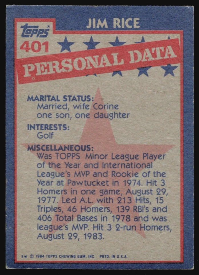 1984 Topps All-Star JIM RICE Auto #401 (Creased - No COA) - Image 2 of 2
