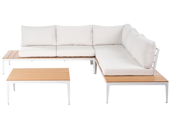 Lounge Set 5-Sitzer Ecksofa Mit Tisch Holzoptik Weiß Auflagen Cremeweiß Positano-image