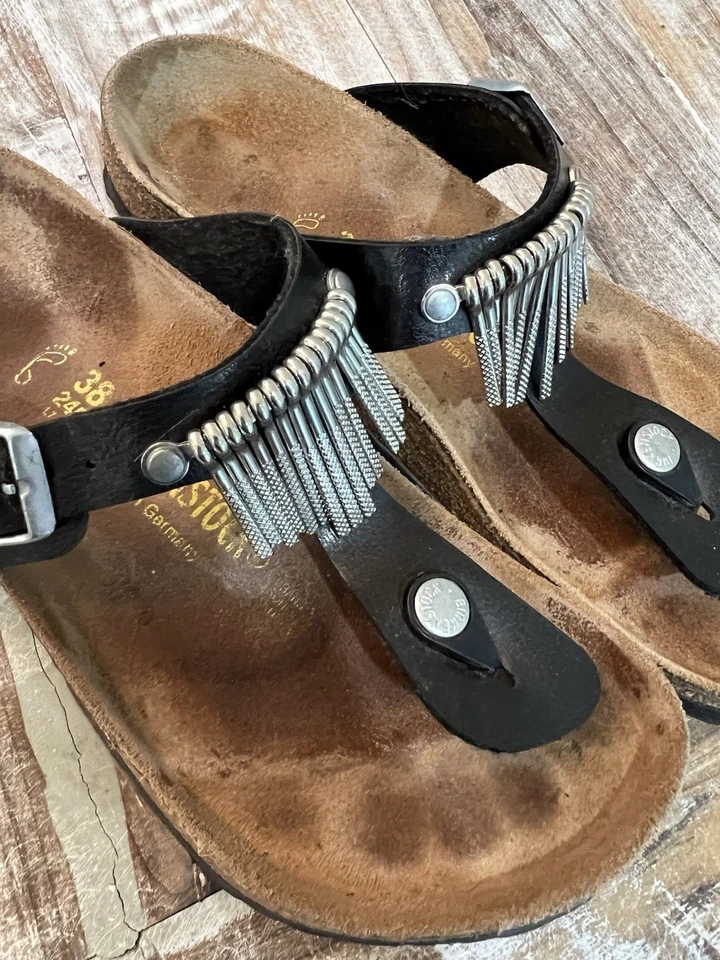 Birkenstock Gizeh Fringe Sandals Black with Silver Fringe 38 / 7-7.5 US Boho - Image 2 of 4