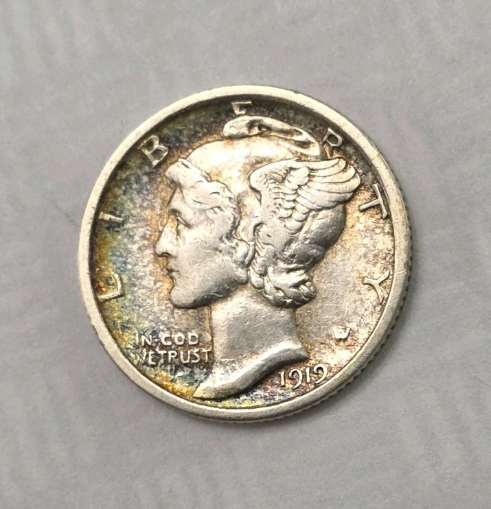 Mercury Dime 1919 doble matriz anverso, raro. MUY BUEN ESTADO. Tonificado. Foto 3 de 4