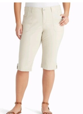 Gloria Vanderbilt Cropped Skimmer Capris Pants Size 24W Bianca Stretch Khaki Tan
