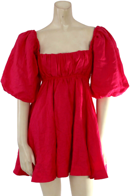 AMELIE Red Linen Puff Half Sleeve Bow Tie Back Mini Pleated Flare Dress  Size 2 | eBay