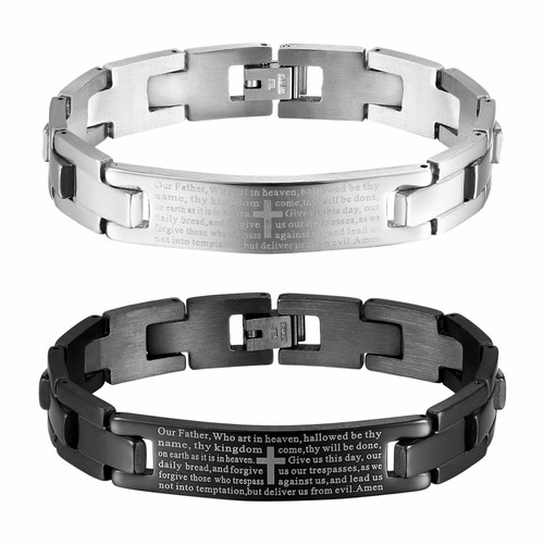 Mens Stainless Steel Cross English Bible Lords Prayer Bangle Bracelet Wristband - Picture 18 of 18