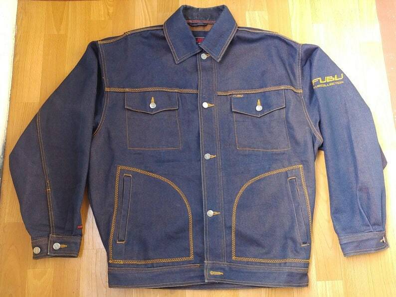 FUBU jacket, vintage hip hop denim jacket, shiny metallic