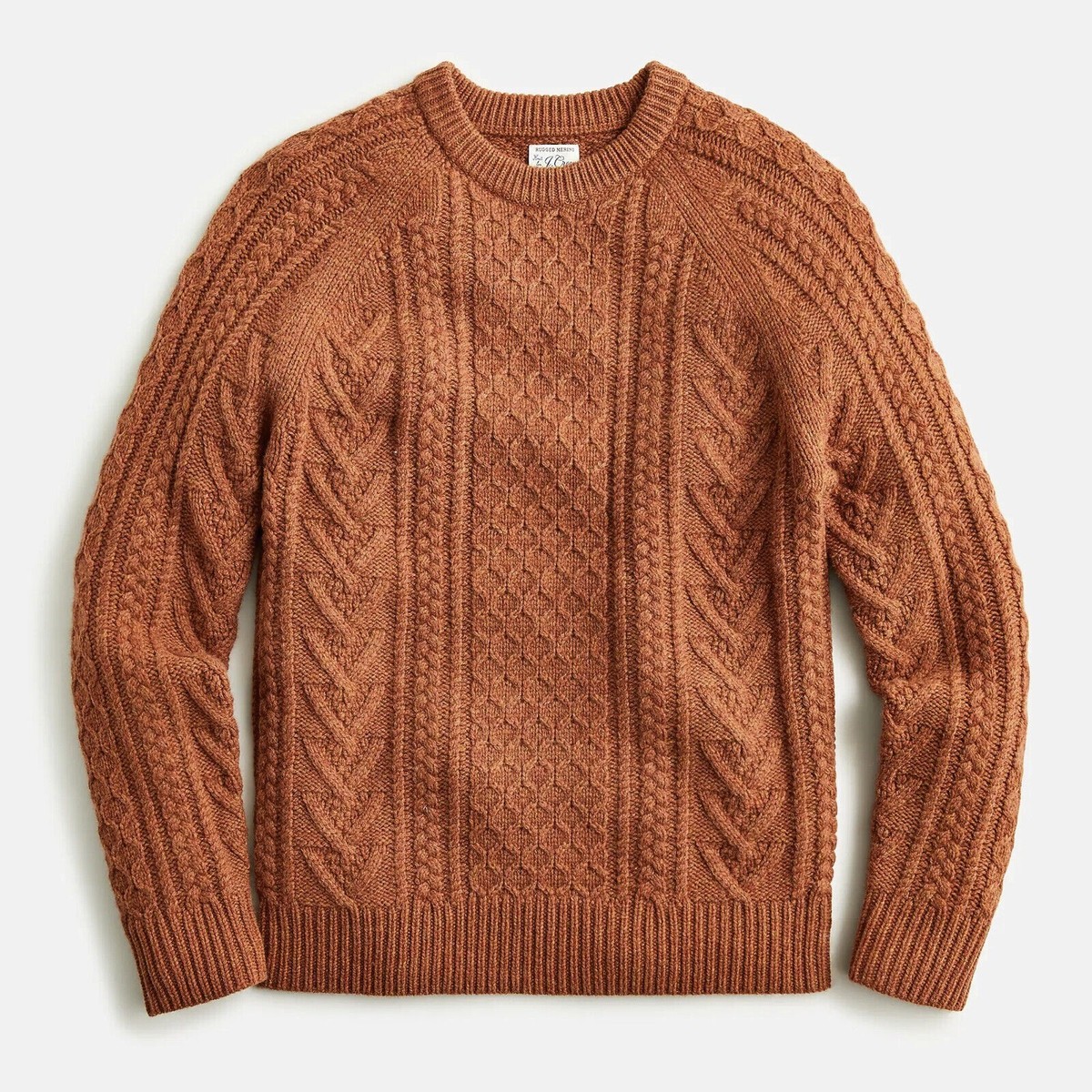 NEW J Crew Rugged Merino Wool Heather Ember brown Cable Knit