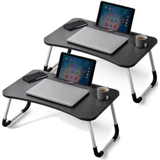 ICE ARMOR 2-PC Laptop Tray Lap Desk Stand Foldable Bed Table Cup Slot Black