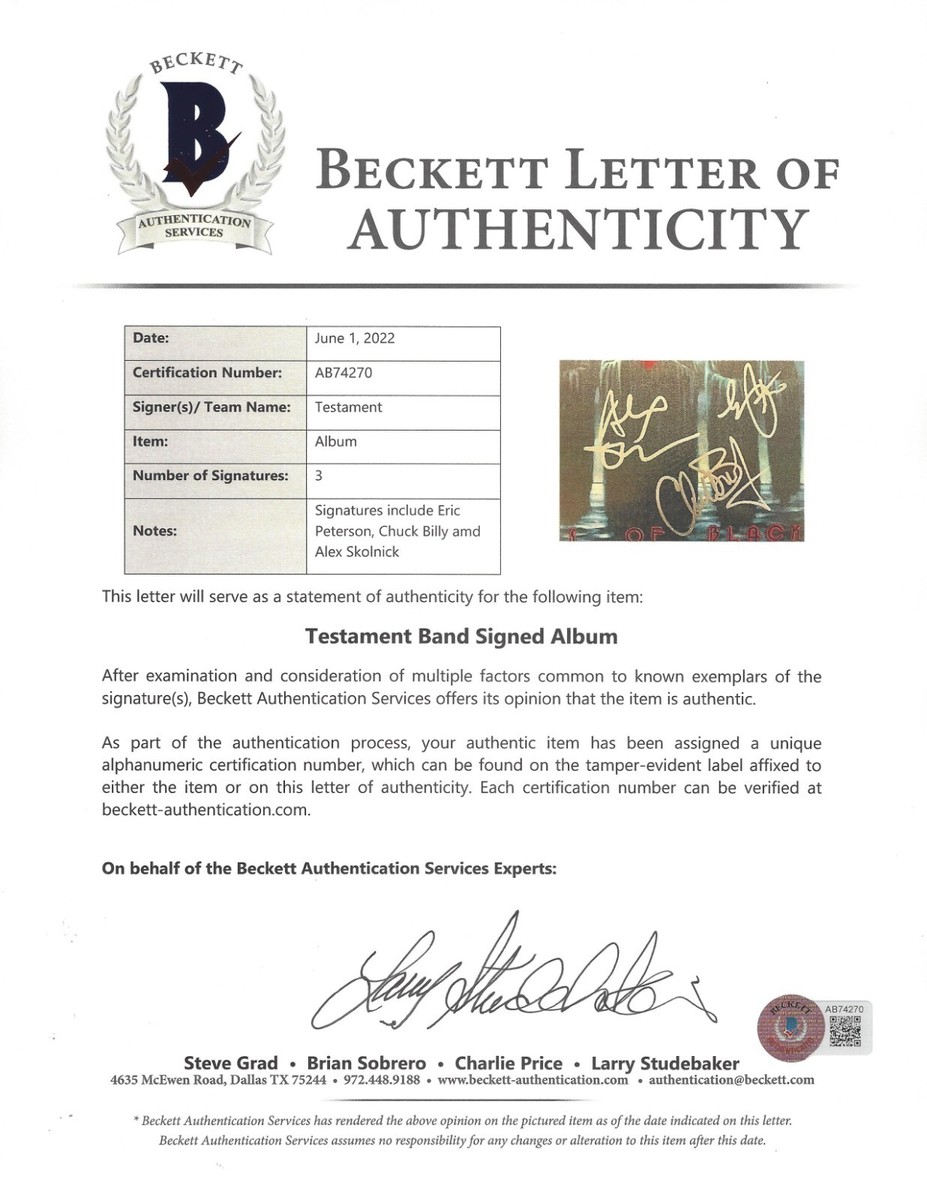 TESTAMENT BAND SIGNED 'SOULS OF BLACK' ALBUM VINYL LP BECKETT COA