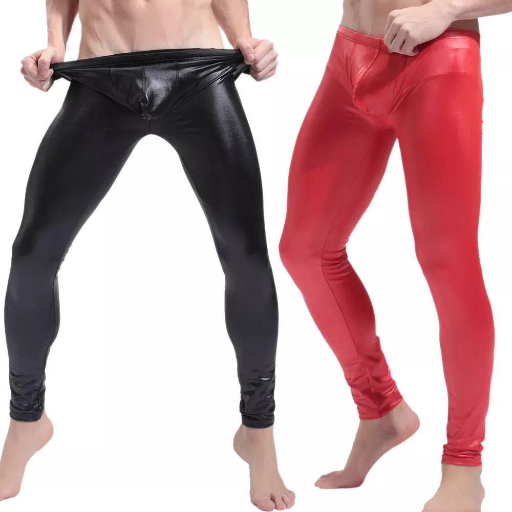 Sexy Mens Tight Pants PVC Leather WetLook Leggings Dance Clubwear Long  Trousers