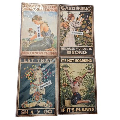 Set of 4 Funny Gardening Tin Signs Vintage Metal Wall Art Retro Plant Decor Gift