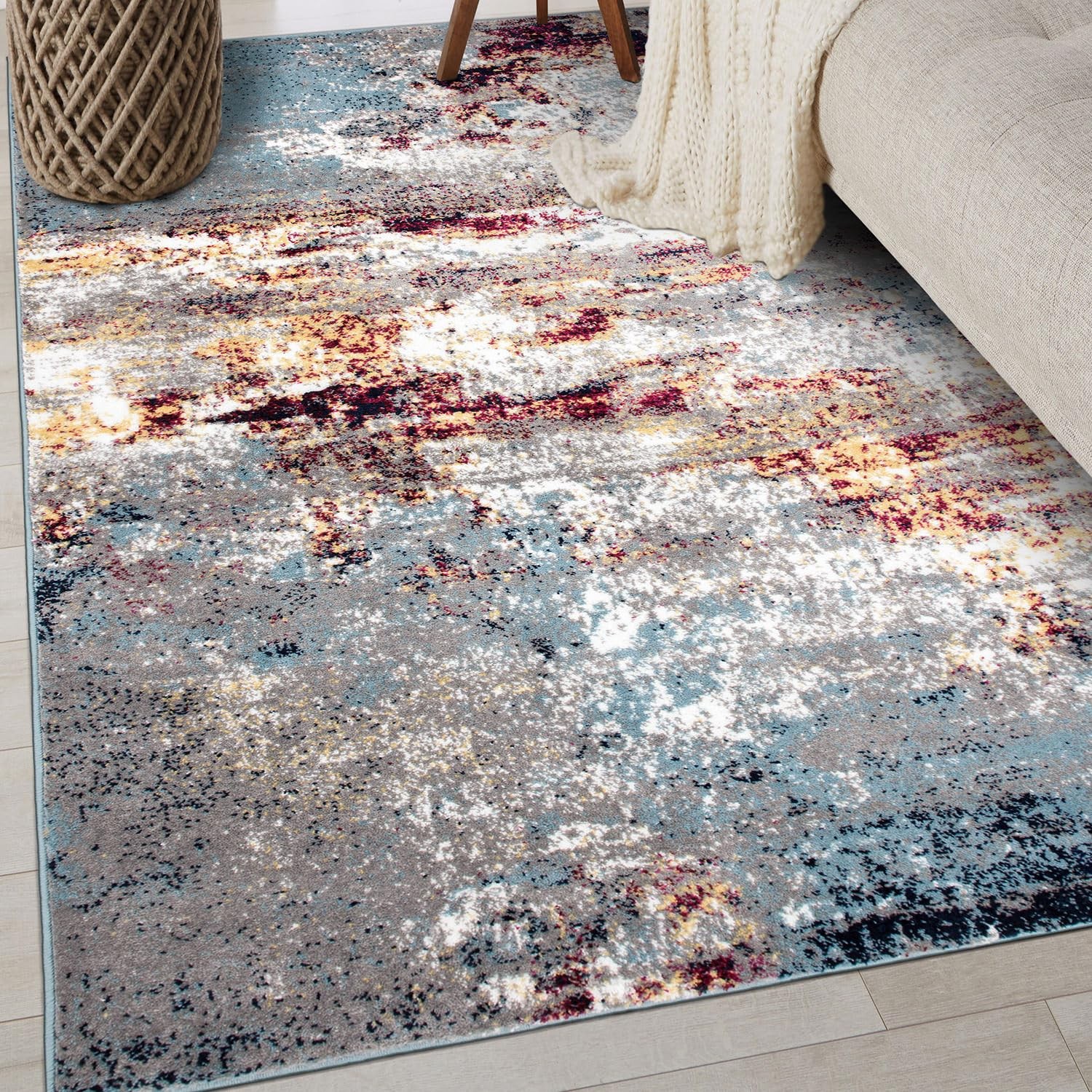 Multi Modern Distressed Abstract Area Rug Bohemian Inspired Watercolor for Be...