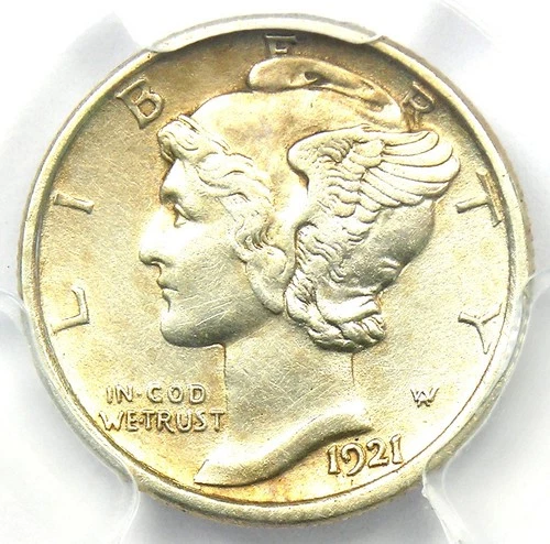 1921-D Mercury Dime 10C Coin - Certified PCGS AU Details - Rare Key Date!