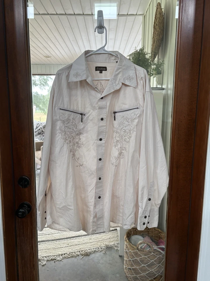 XXXL Knockout Embroidered Pocketed Full-Button Western Shirt Y2K Hipster Cream - Image 4 of 4