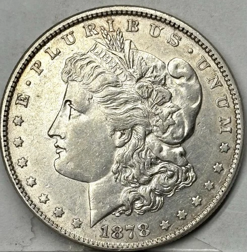 1878 Morgan Silver Dollar, (Rev of 79), 7 TF,  AU, Philadelphia Mint.